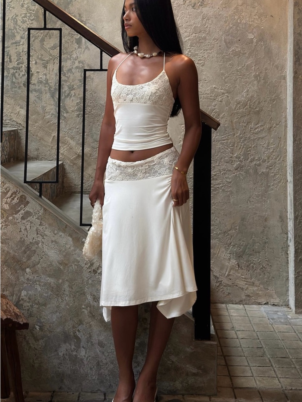 White Fox Boutique Cream Lace two piece set